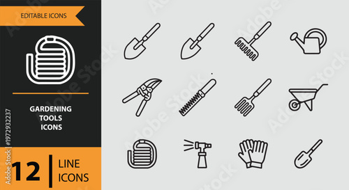 Gardening tools icons set with twelve line style illustrations