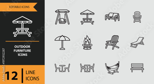 Outdoor furniture icons in line style on gray background