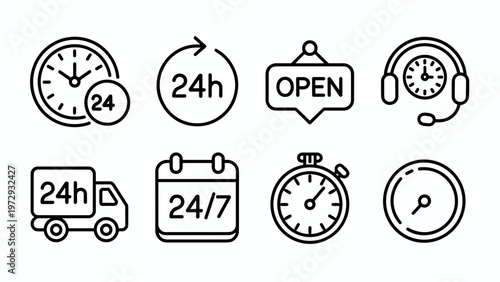 24 Hours Service Line Icon Set  Clock, Open All Day, Support & Availability Symbols