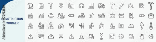 Construction worker and builder line icons set for engineering projects