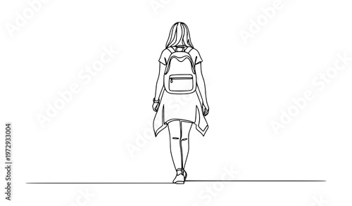 Minimal continuous line walking woman backpack back view travel vector illustration isolated on white background