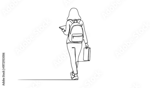 Minimal single line walking woman back view with backpack vector illustration isolated on white background