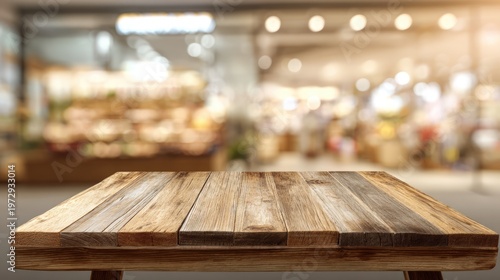Empty Wooden Table in Front of a Blurred Restaurant Interior.