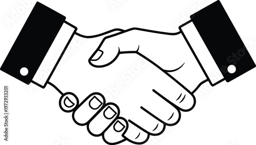 Black and white line art illustration of a handshake symbol representing business agreement partnership cooperation success teamwork trust and professional deal