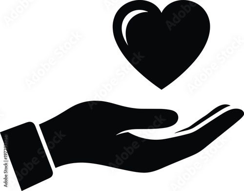 Black silhouette icon of a human hand holding a floating heart symbol representing charity care love support and community kindness