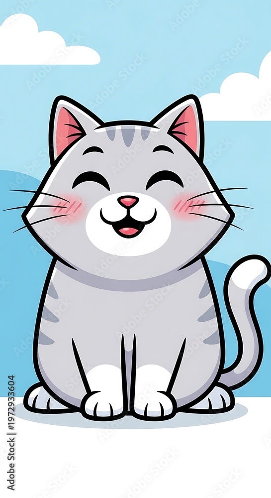 Fototapeta premium Cartoon grey cat smiling outside.