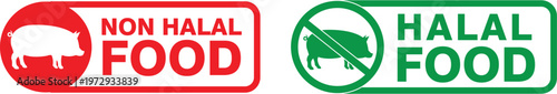 Halal and Non Halal food label set featuring clear food classification signage.