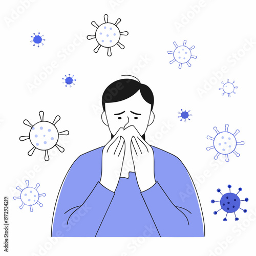 Man with sore throat surrounded by coronavirus symbols, feeling unwell
