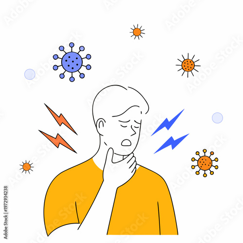 Man with sore throat surrounded by coronavirus symbols, feeling unwell
