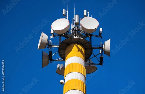Telecommunication tower with antennas and network equipment against blue sky high resolution photo