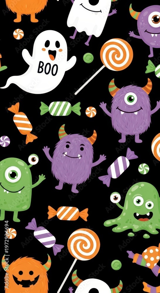 Obraz premium Halloween Monster Candy Pattern Black Background Festive Fun.