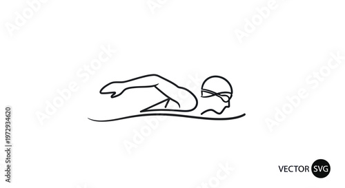 Minimalist line art of a swimmer in freestyle stroke, black and white vector illustration