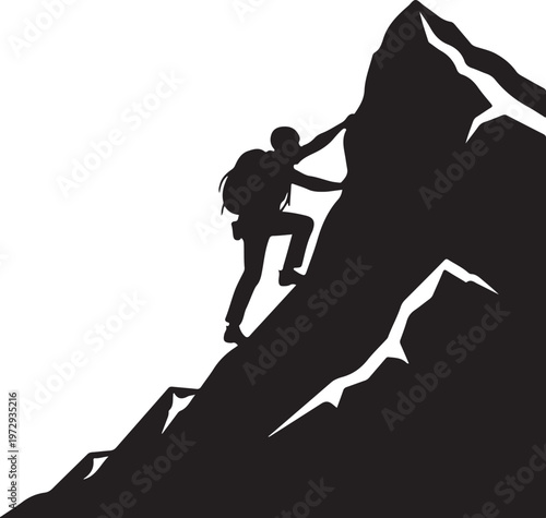 Black silhouette of a person climbing a mountain white background