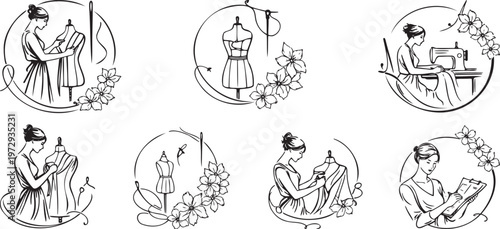 Minimal sewing and fashion design line icons set with tailor woman, mannequin and floral elements