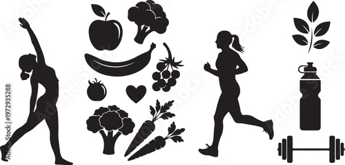 Black silhouettes of women exercising with healthy food and fitness