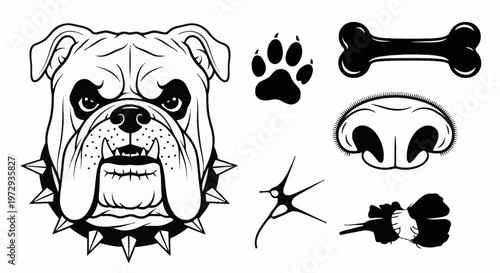 Set of black and white vector graphics featuring a fierce bulldog head wearing a spiked collar, plus a dog paw print, bone silhouette, canine nose, and claw scratch marks.