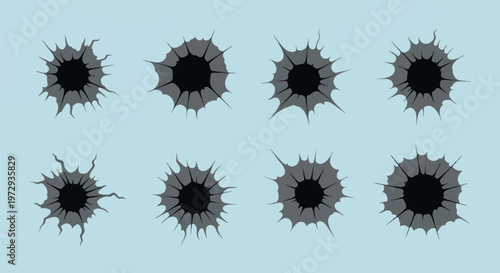 Set of eight bullet hole silhouettes featuring jagged impact damage and radial cracks, isolated on a light blue background, representing weapon fire damage on a flat surface or metal.