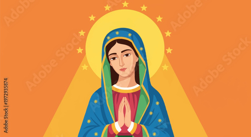 Flat vector illustration of the Virgin Mary with hands in prayer, wearing a blue starry mantle over a red dress, featuring a golden halo with stars on an orange background.