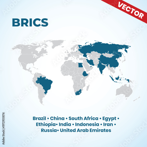 BRICS Member Countries World Map Vector Illustration Brazil Russia India China South Africa Egypt Ethiopia Iran Saudi Arabia United Arab Emirates Emerging Economies Global Alliance Map