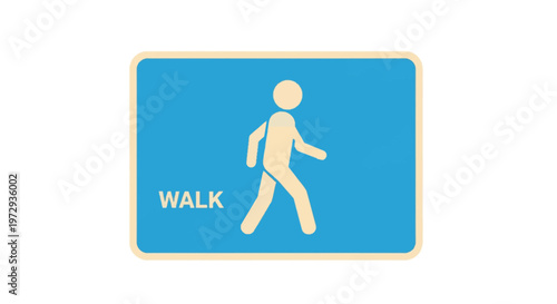 Flat vector illustration of a pedestrian walking icon in beige with the word WALK on a solid blue rectangular background with rounded corners, minimalist signage design style.