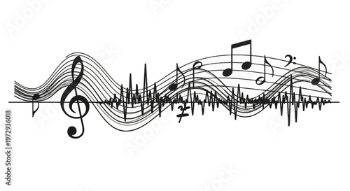 Musical notation composition featuring a black treble clef, bass clef, and flowing eighth notes on a wavy staff integrated with a digital sound wave frequency on white background.