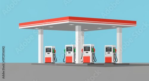 Vector illustration of a modern gas station featuring four fuel dispensers under a large red and white canopy, isolated on a light blue background with a gray asphalt base.