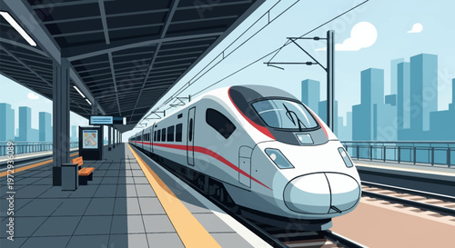 Vector illustration of a modern white high-speed train stopped at a station platform with overhead wires, a city skyline background, and a waiting area canopy in daylight.