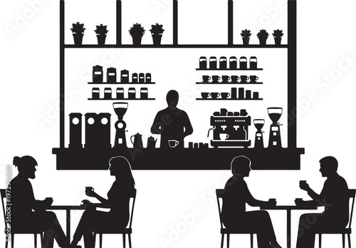 Black silhouette of people sitting at tables in a coffee shop