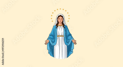 Vector illustration of the Virgin Mary, Mother of Jesus, standing with open arms, wearing a blue mantle and white tunic with a halo of twelve golden stars on a plain background.