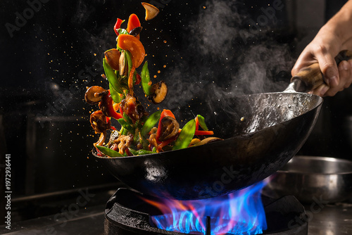 High Speed Stir Fry Action in Wok with Flying Vegetables and Blue Flame, Professional Asian Cooking Concept