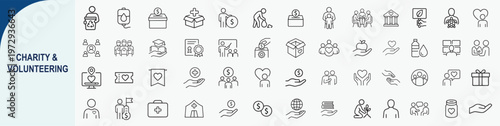 Empathy and Giving: A comprehensive collection of meticulously crafted line icons representing the essence of charity and the spirit of volunteering. A visual narrative of care, compassion.