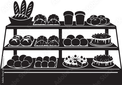 Black and white bakery shelf with assorted desserts and bread