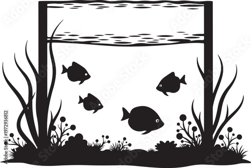 Black silhouette of fish in aquarium with plants