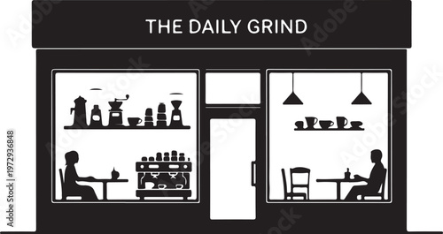 Black and white coffee shop storefront with people inside