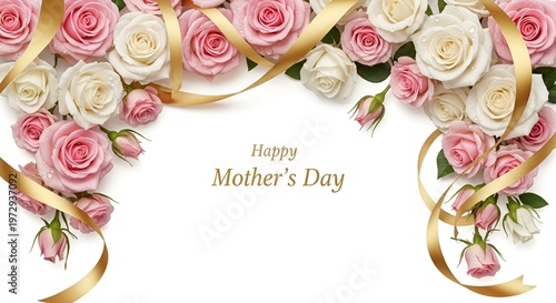Happy mother's day greeting card with beautiful pink and white roses and gold ribbons on white background.