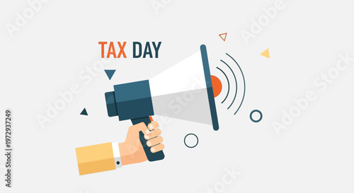Hand holding a megaphone announcing "Tax Day" with abstract shapes in the background.