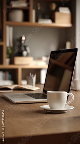 Cozy Home Office Setup with Laptop and Coffee Cup.