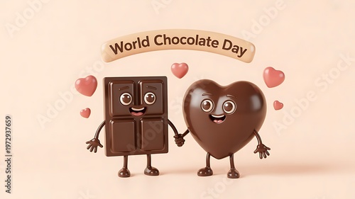 Adorable cartoon chocolate bar and heart characters celebrate World Chocolate Day together with happy smiles