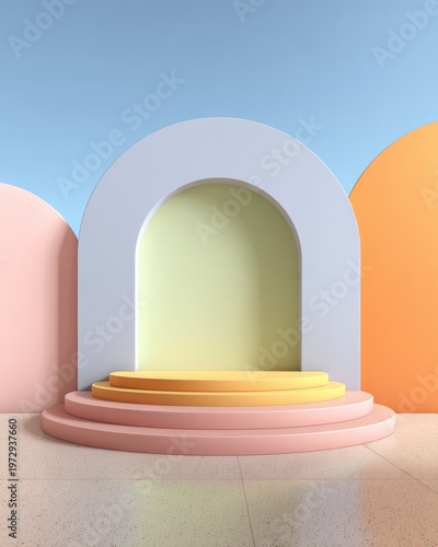 Minimalist Archway Stage with Pastel Pedestal and Soft Lighting.