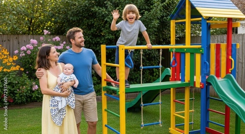 Happy family with two children enjoying playtime in their backyard with a colorful playset.