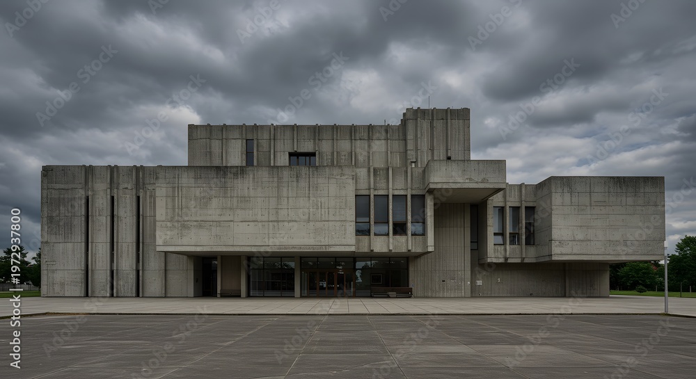 Obraz premium A concrete building under a cloudy sky The building has a Brutalist architectural style with a plaza in front