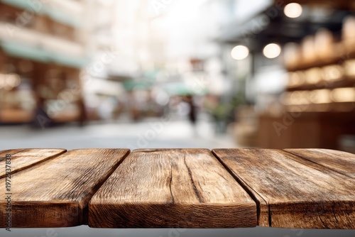 Rustic Wooden Table Surface with Blurred Store Background.