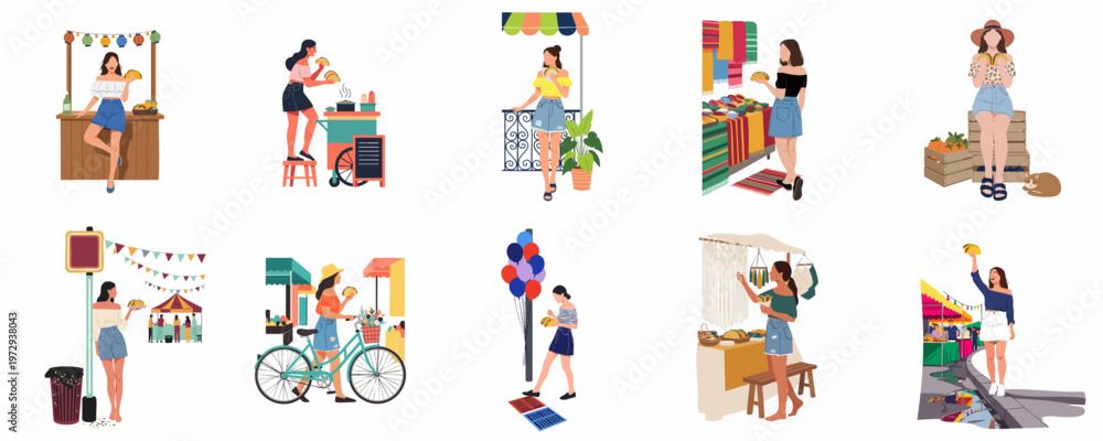 Fototapeta premium Set of vector illustrations featuring a young woman enjoying street food tacos, exploring local markets, and attending summer festivals in a flat design style.