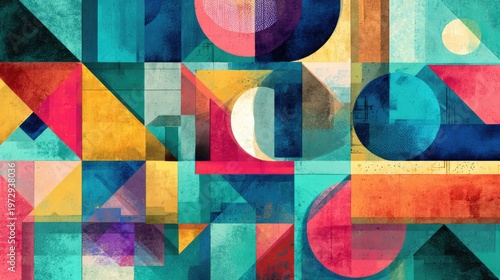 Vibrant Geometric Abstract Art with Circles and Triangles.