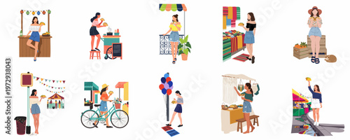 Set of vector illustrations featuring a young woman enjoying street food tacos, exploring local markets, and attending summer festivals in a flat design style.