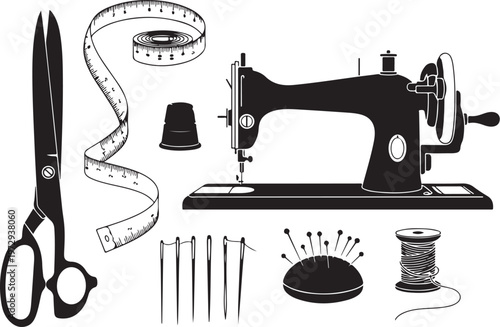 Black and white sewing machine and tools scissors measuring tape
