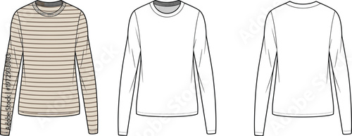 Crewneck shirt illustration set, striped apparel artwork, plain clothing vector, fashion design graphic, garment sketch concept, front and back view