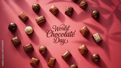 Elegant chocolate bonbons forming a heart for World Chocolate Day on a beautiful shaded pink background