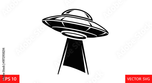 Black Silhouette of a Flying Saucer UFO with Light Beam on White Background