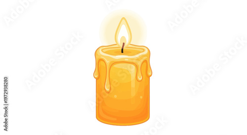 Burning Candle with Dripping Wax and Glowing Flame